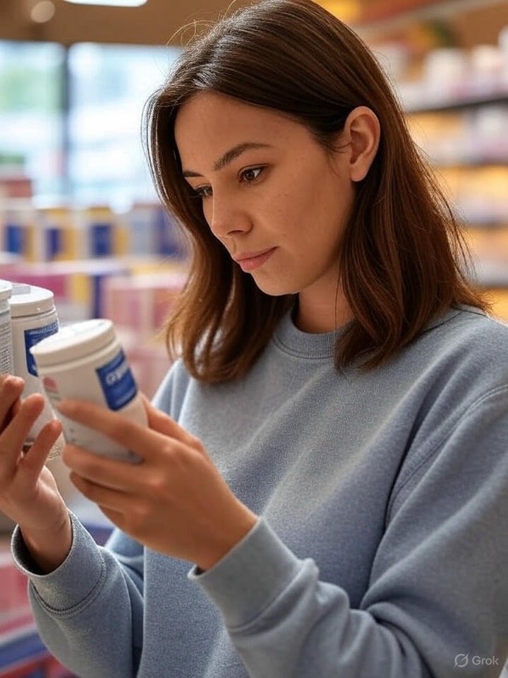Femme choisissant un complément de collagène en vérifiant l’étiquette.