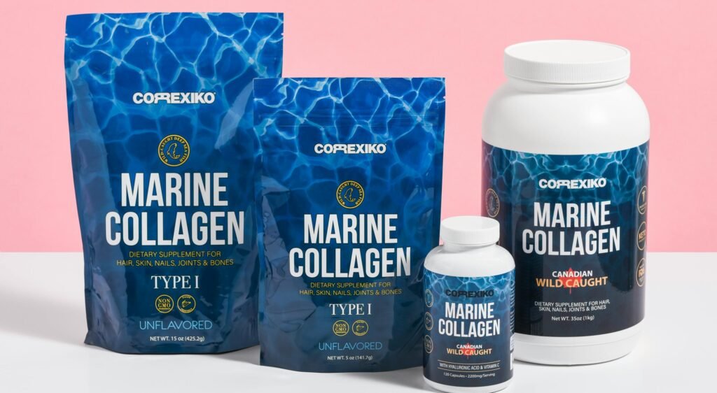 Produits de collagène en boîtes ou sachets.