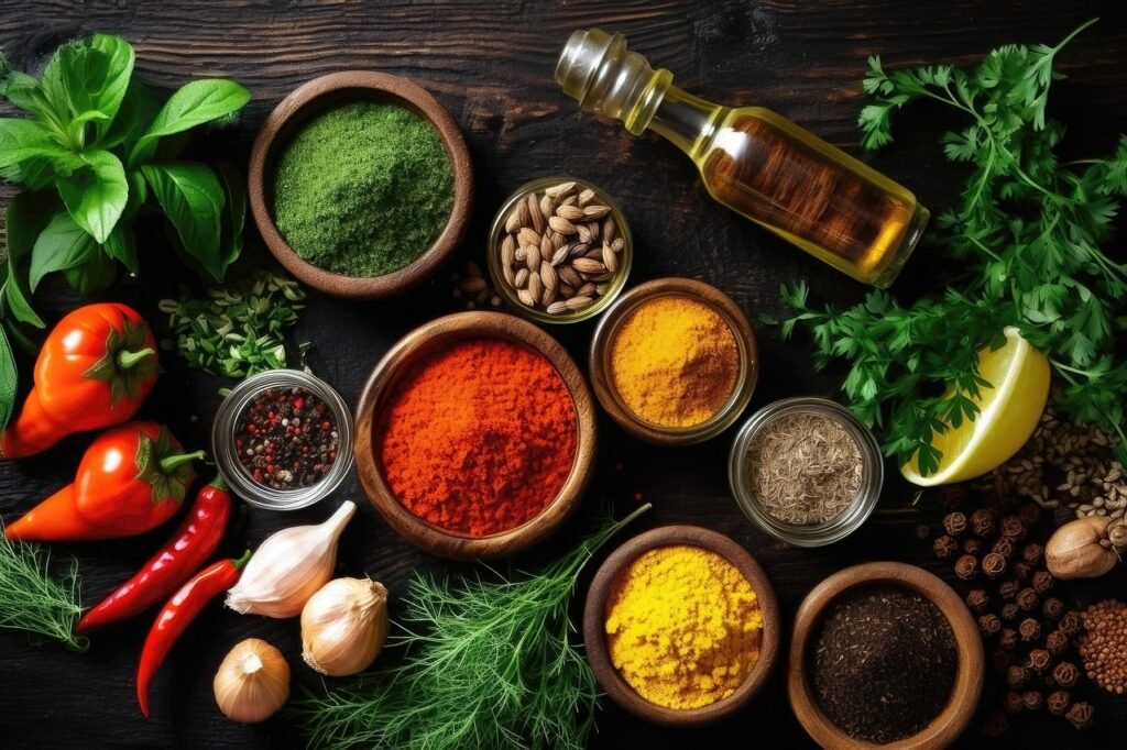 Une variété colorée d'épices et d'herbes fraîches, incluant des piments rouges, du curcuma, du paprika, des graines de cumin, de l'ail, du basilic, du persil, de la coriandre et une bouteille d'huile d'olive, disposés sur une table en bois foncé, évoquant les bienfaits des aliments naturels pour la santé cérébrale et le bien-être.