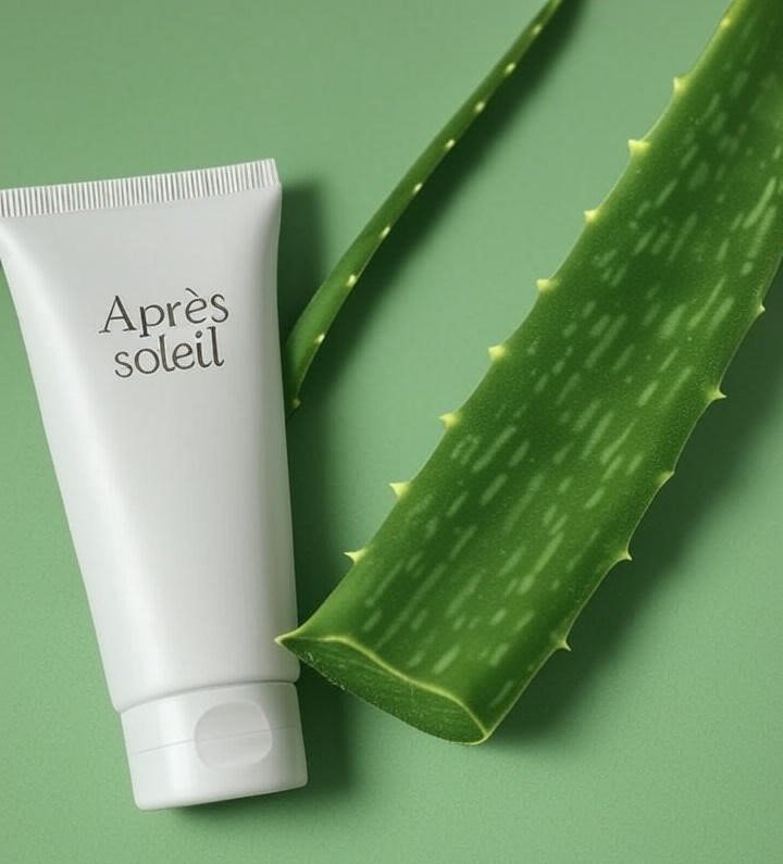  Tube d’après-soleil à côté d’une feuille d’aloe vera sur fond vert.
