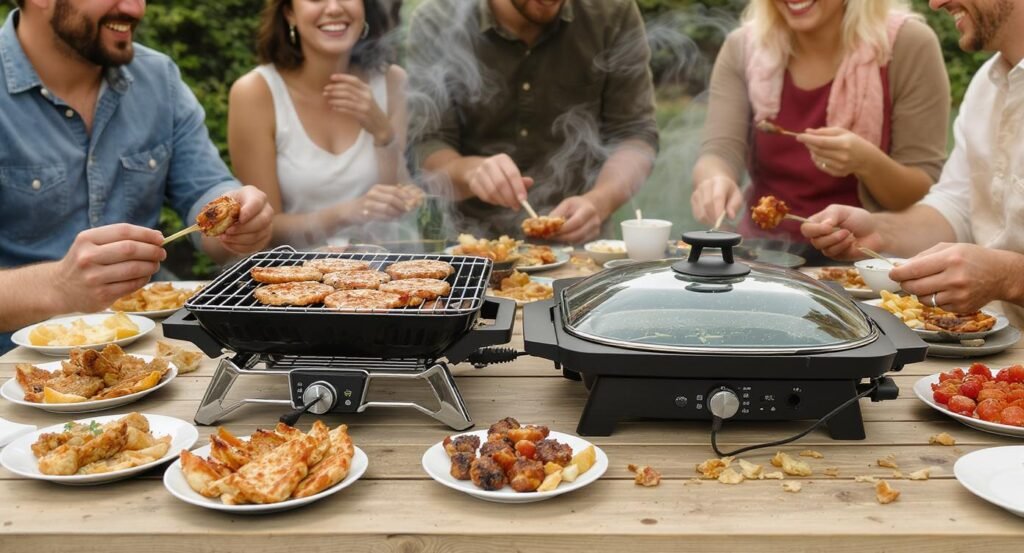 Un groupe d’amis riant autour d’une table avec un barbecue portable et une plancha électrique