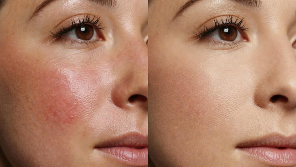 CC crème correctrice teint anti-rougeurs avant après application peau uniforme