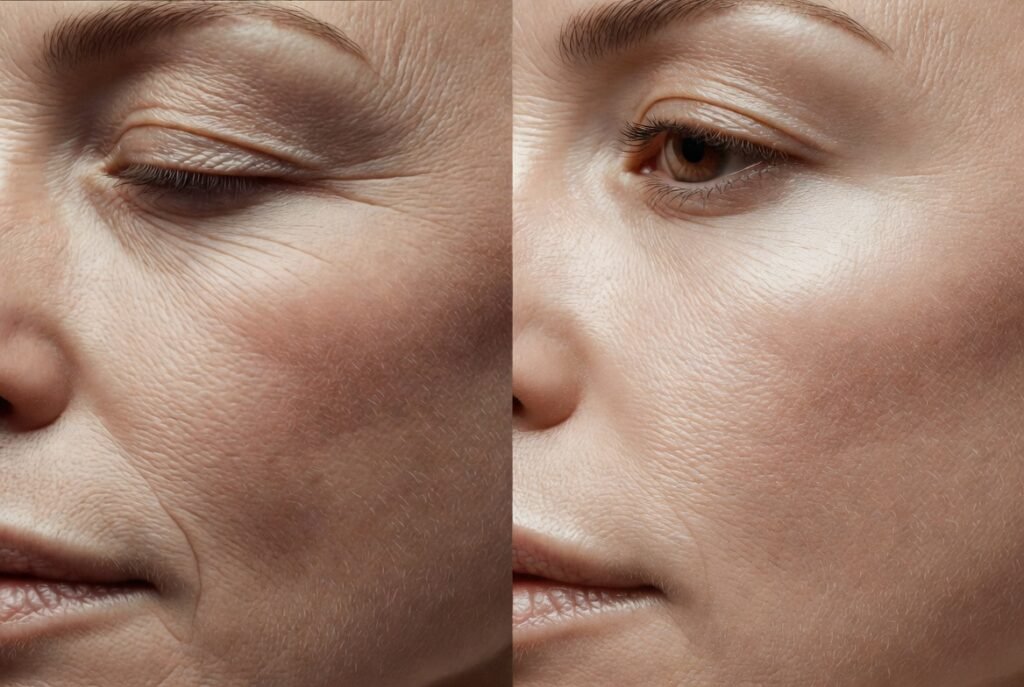 Comparaison avant-après d'un visage féminin : à gauche, peau ridée autour de l'œil fermé et de la bouche ; à droite, peau lisse, hydratée et rajeunie.