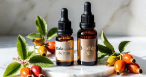 Deux flacons compte-gouttes en verre ambré étiquetés "Bakuchiol Serum" et "Rosehip Oil", entourés de fruits d'églantier orange et rouge, et de feuilles vertes, posés sur une surface en marbre blanc.