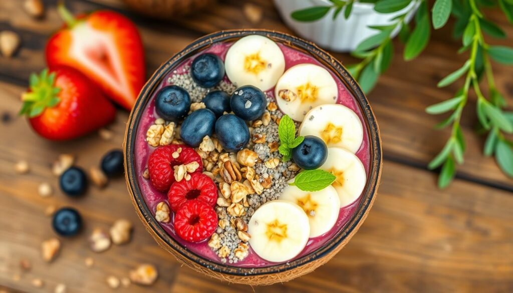 un bol en noix de coco rempli de smoothie rose, garni de banane, myrtilles, framboises, granola, graines de chia et menthe, sur fond bois avec fraises et herbes.