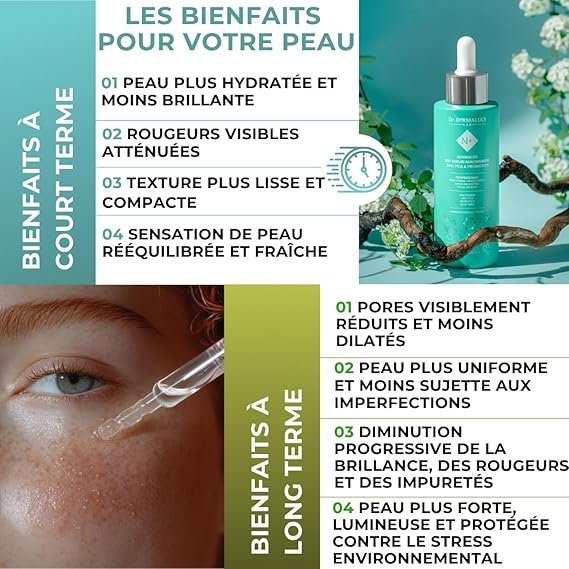 Infographie des bienfaits pour la peau d'un produit Dr. Ricaud : à court terme (peau plus hydratée et moins brillante, rougeurs atténuées, texture lisse et compacte, sensation rééquilibrée et fraîche) ; à long terme (pores réduits, peau uniforme et moins sujette aux imperfections, diminution de la brillance/rougeurs/impuretés, peau forte, lumineuse et protégée). Bouteille de sérum avec pipette et gros plan de peau.
