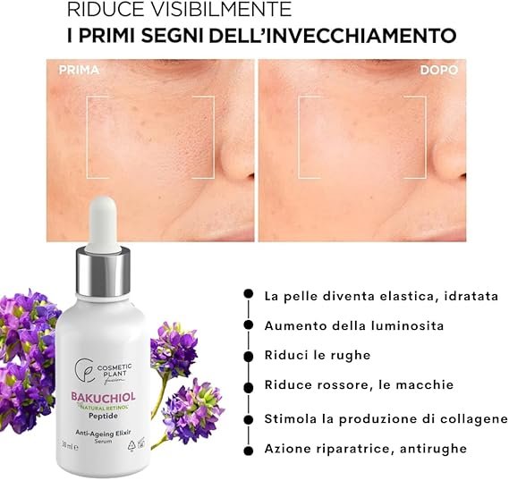 Avant-après de la peau avec réduction visible des rides : "Prima" (avant) et "Dopo" (après). Bouteille blanche de sérum "Cosmetic Plant AKUCHIOL Natural Retinol Peptide Anti-Aging Elixir" entourée de fleurs violettes. 
