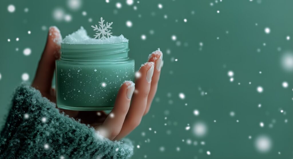 une main gantée de fourrure tenant un pot ouvert de crème verte, surmonté de neige et d'un flocon, dans un fond enneigé avec des flocons tombants.