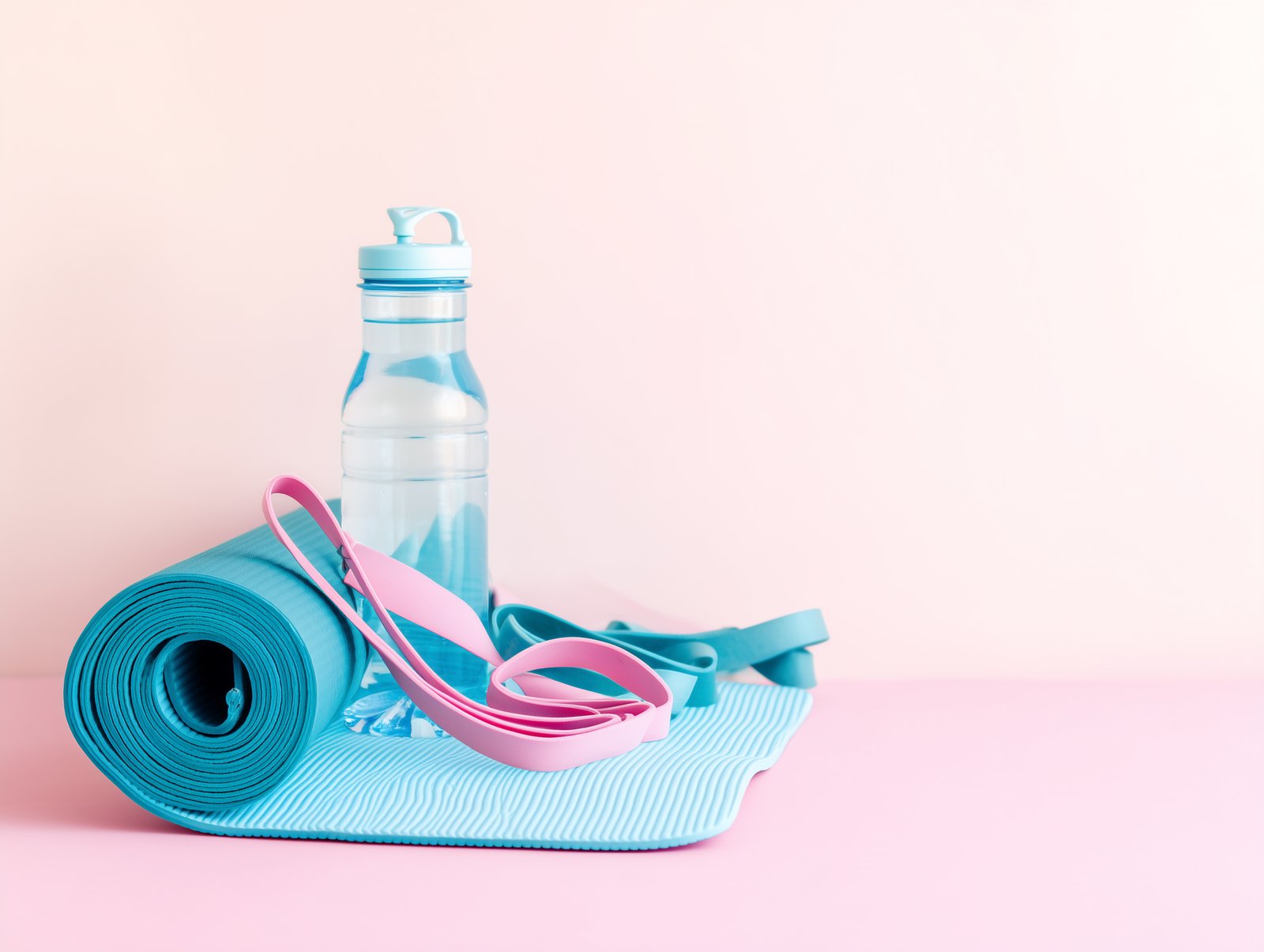 un tapis de yoga bleu roulé avec sangle rose, une bande élastique turquoise et une bouteille d'eau, sur fond rose pâle.