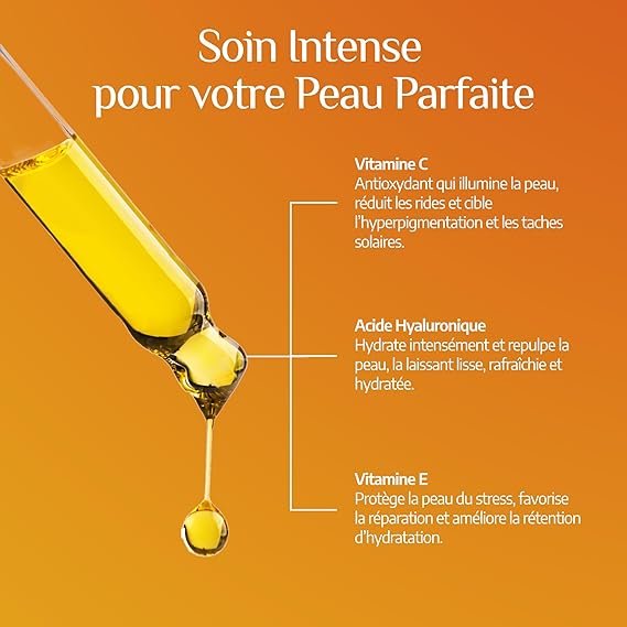Pipette versant une goutte d'huile jaune dorée, sur fond orange. Titre : "Soin Intense pour votre Peau Parfaite". Annotations pointant vers les ingrédients : "Vitamine C : Antioxydant qui illumine la peau, réduit les rides et cible l'hyperpigmentation et les taches solaires." ; "Acide Hyaluronique : Hydrate intensément et repulpe la peau, la laissant lisse, rafraîchie et hydratée." ; "Vitamine E : Protège la peau du stress, favorise la réparation et améliore la rétention d'hydratation.