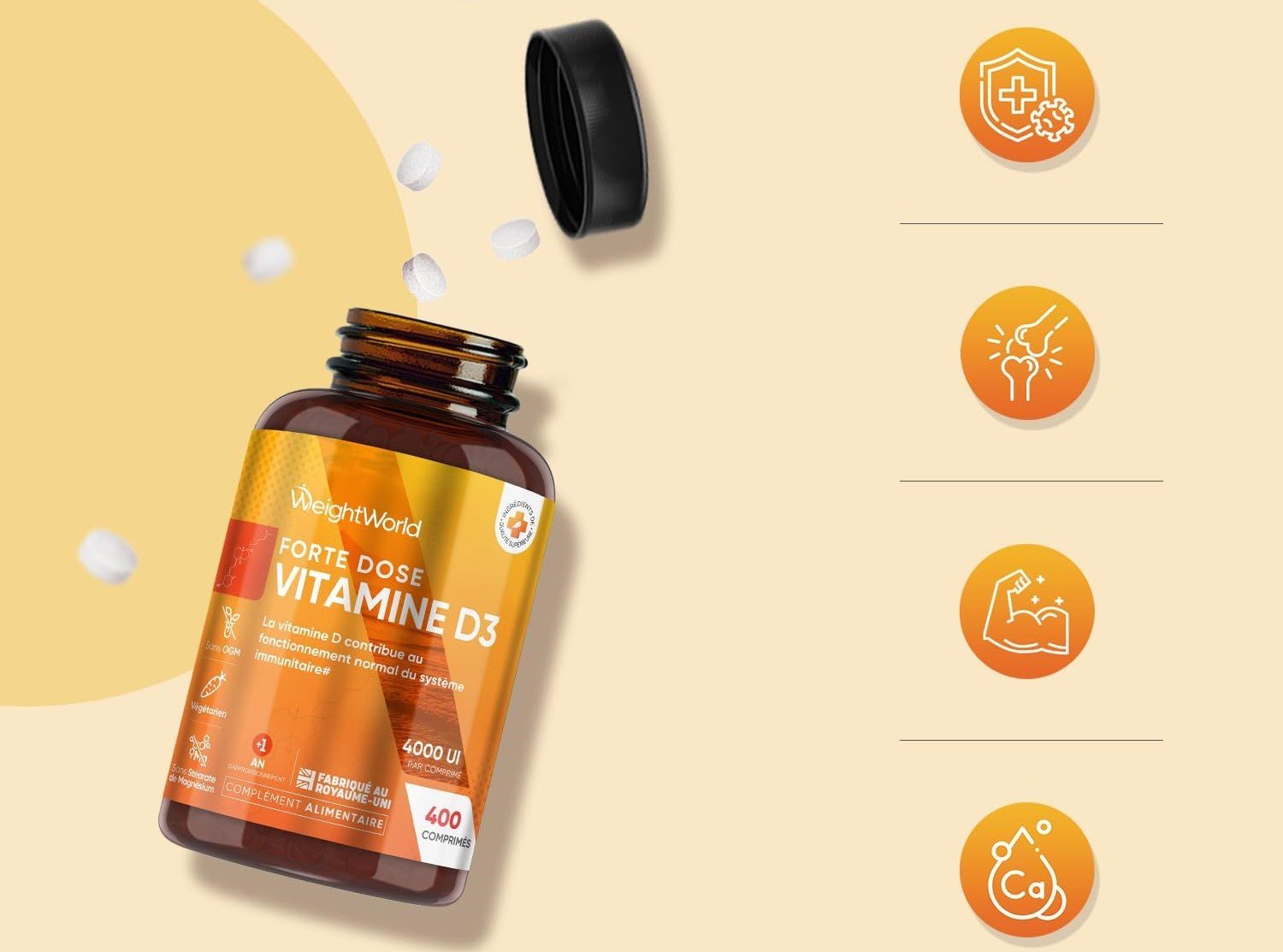 un flacon de complément alimentaire "Vitamine D3 Forte Dose 4000 UI" de WeightWorld (400 comprimés, fabriqué au Royaume-Uni), avec des comprimés qui en sortent. À droite, quatre icônes orange illustrent les bénéfices : immunité, articulations, muscles et os (calcium).