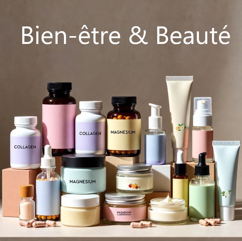 Collection pastel de produits bien-être et beauté : compléments alimentaires (collagène, magnésium), crèmes, sérums et lotions en flacons et pots élégants. Ambiance naturelle et apaisante.