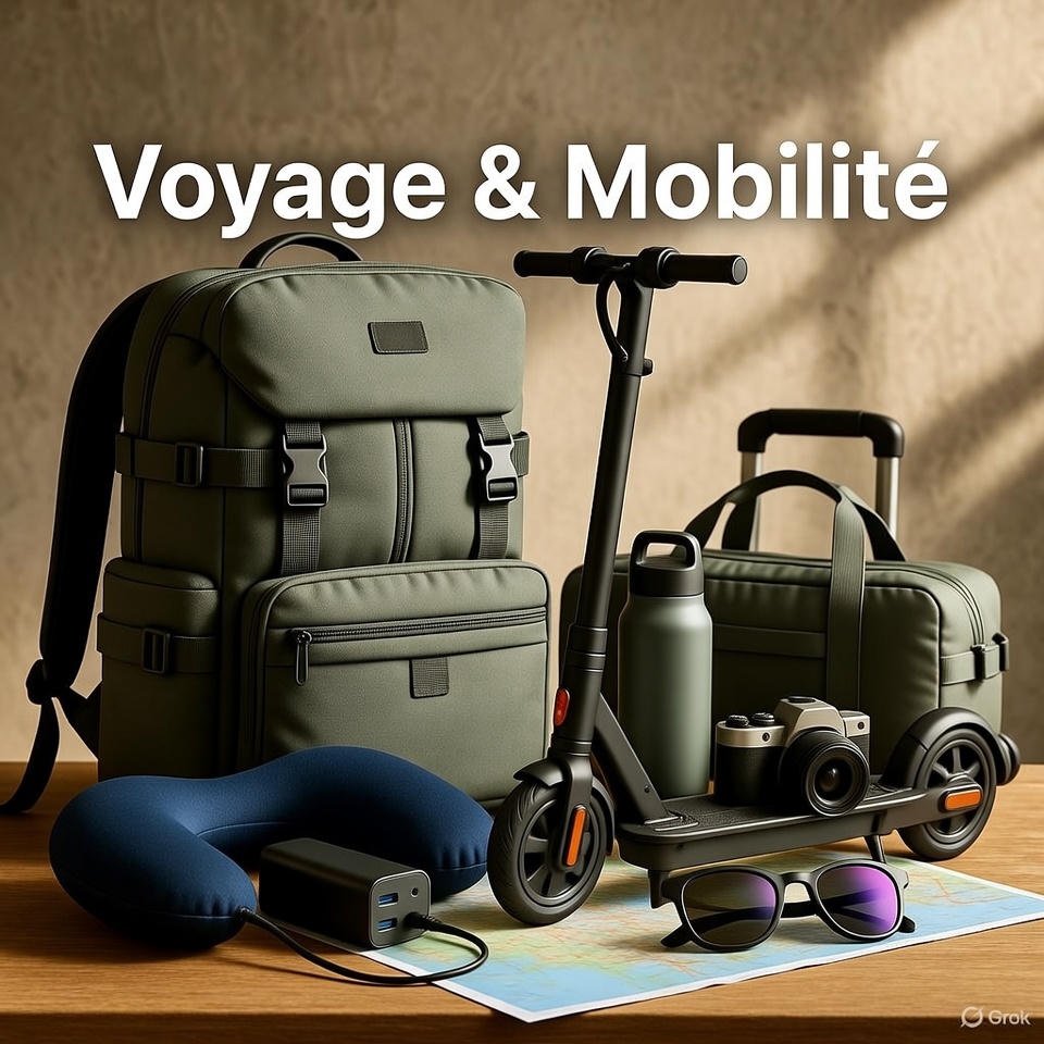 Collection d'accessoires voyage et mobilité : sac à dos et valise kaki, trottinette électrique pliable, gourde, oreiller cervical, appareil photo, lunettes de soleil, carte et batterie externe. Style pratique et moderne.