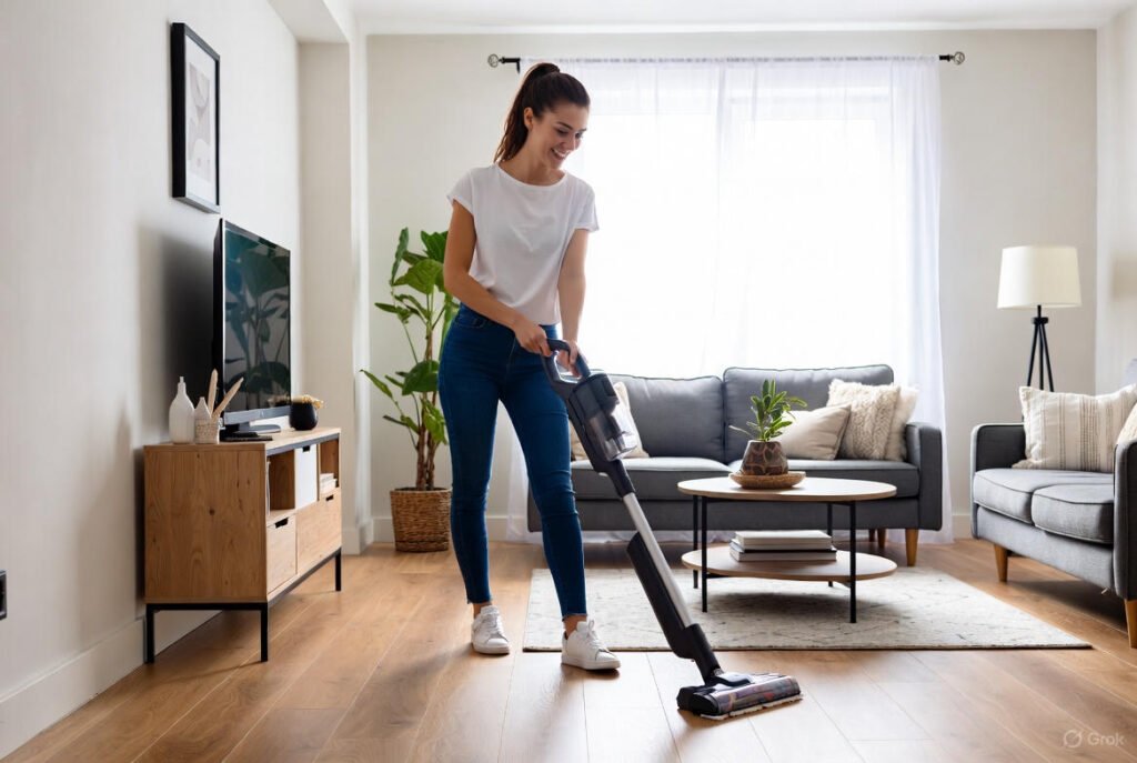 Femme utilisant aspirateur laveur sans fil salon moderne