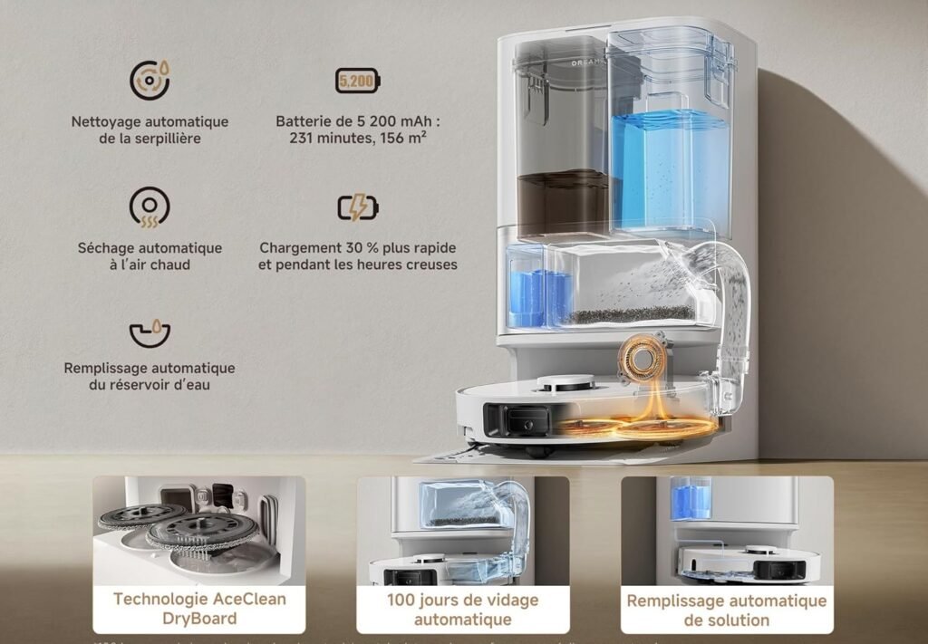Station auto-vidange d'aspirateur laveur en fonctionnement - aspiration automatique des déchets