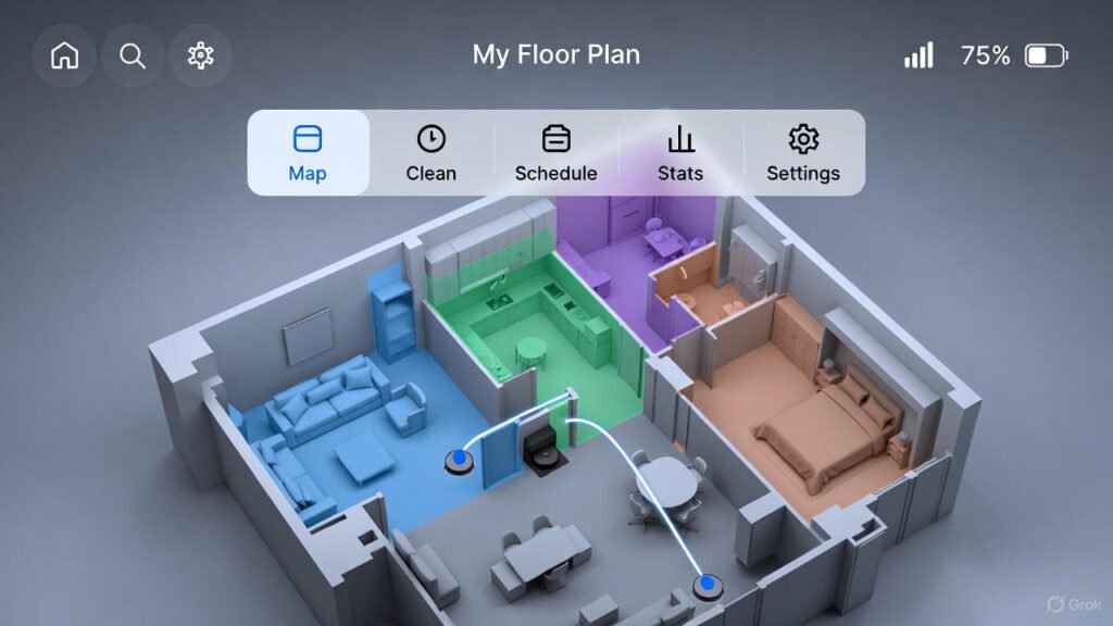 Capture d'écran application aspirateur laveur montrant cartographie intelligente et navigation