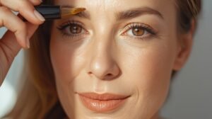 Femme appliquant sérum anti-rides naturel sur rides du lion et pattes d'oie