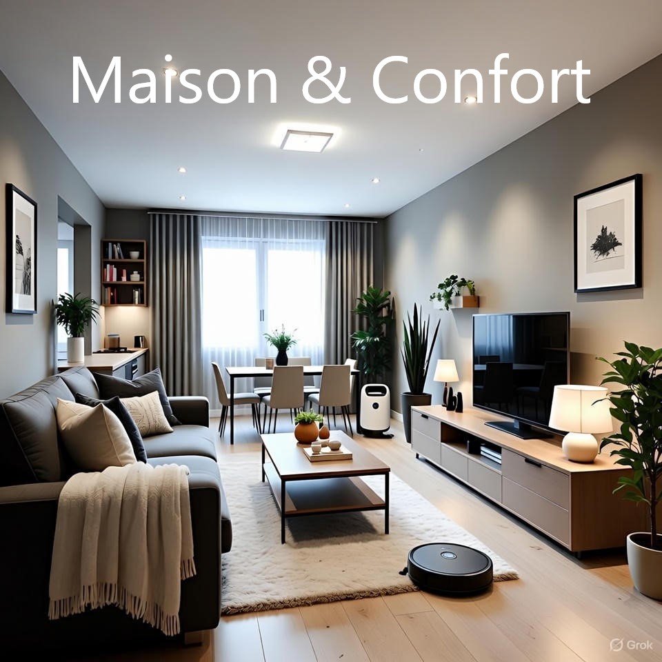 Salon ouvert moderne et épuré : canapé gris, table basse en bois, TV murale, plantes vertes abondantes, aspirateur robot au sol, tons neutres et lumineux avec grande fenêtre. Ambiance cosy et confortable.