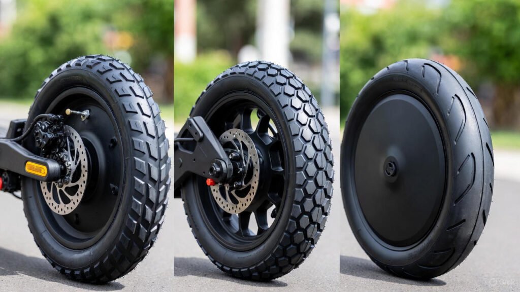 Comparaison visuelle entre roues pneumatiques gonflables et roues pleines de trottinette électrique