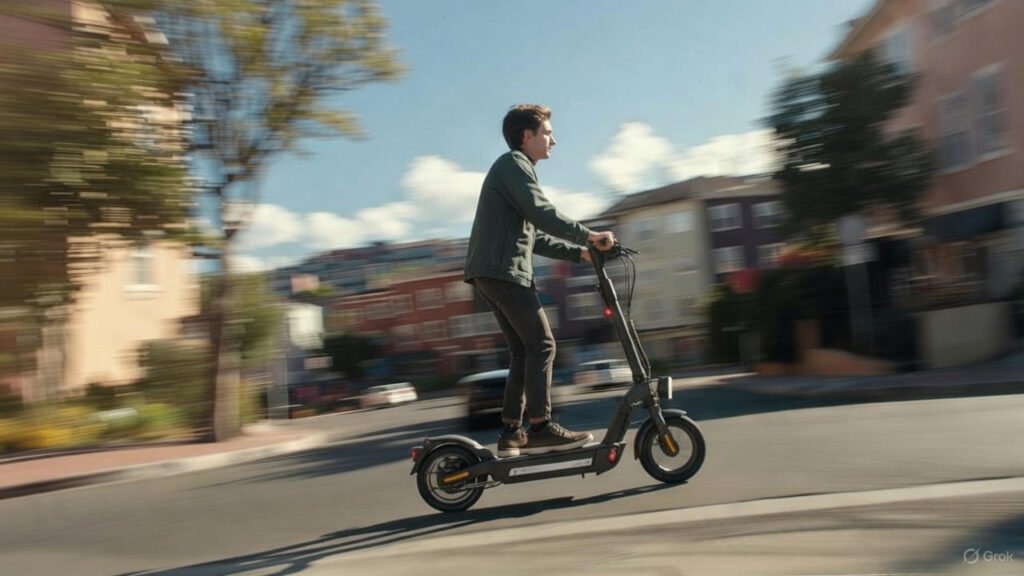 Homme montant une côte urbaine sur sa trottinette électrique puissante