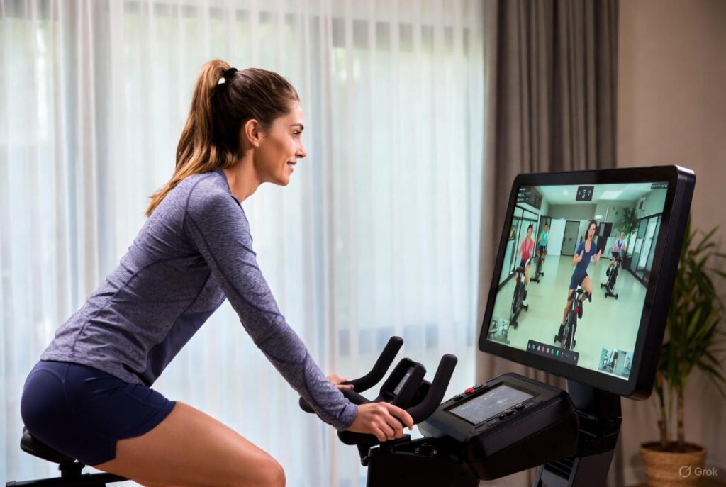 Personne utilisant vélo d'appartement connecté avec cours virtuel affiché