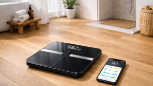 Balance connectée moderne affichant composition corporelle sur smartphone