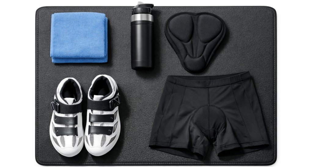 Accessoires de sport à la maison disposés tapis serviette gourde chaussures