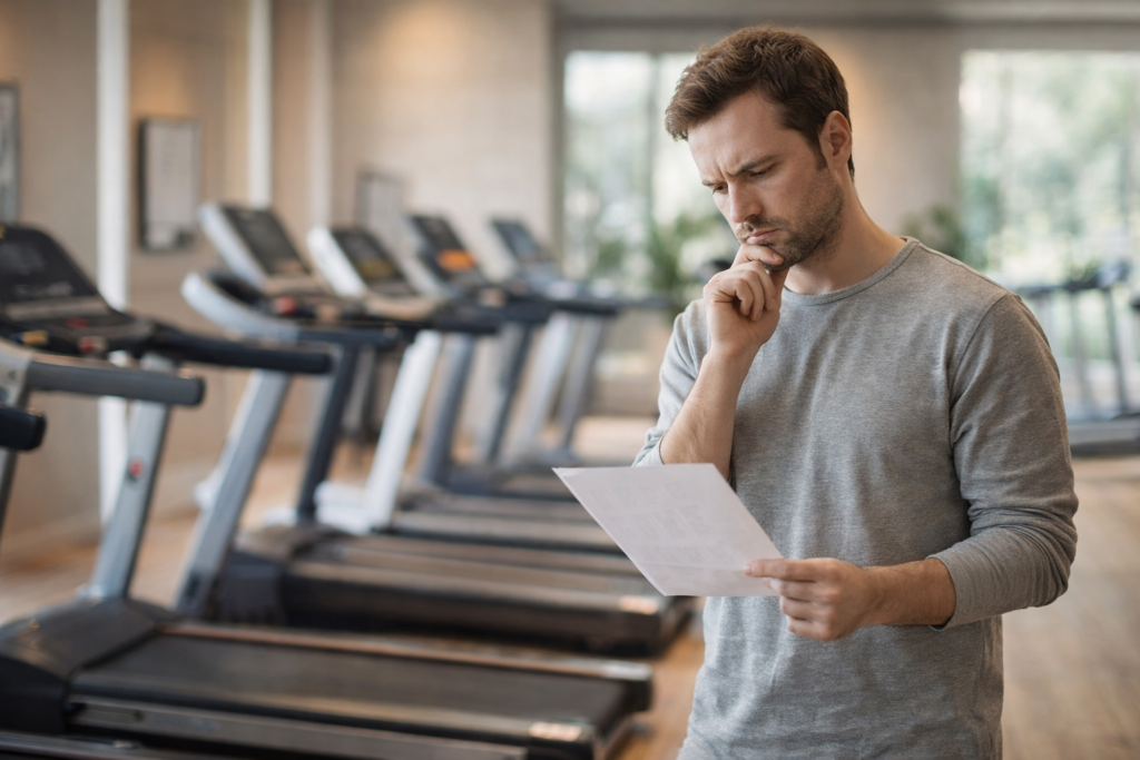 Personne hésitant devant plusieurs tapis de course Amazon
