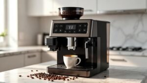 Machine à café grain broyeur moderne avec tasse espresso sur comptoir cuisine