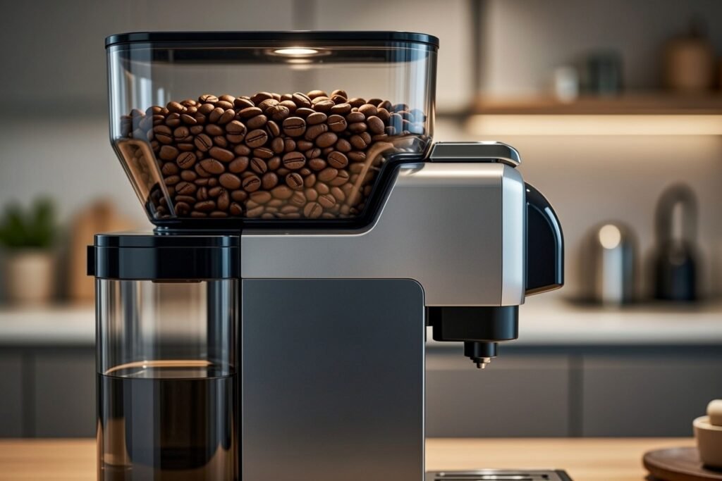 Réservoirs transparents remplis grains et eau machine à café grain broyeur