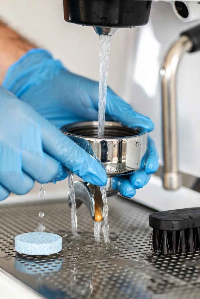 Nettoyage groupe café machine à café avec pastille détartrage