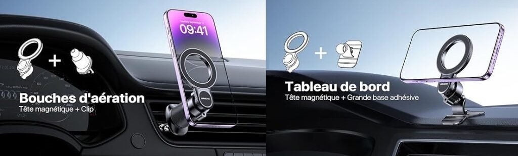 Supports magnétiques de smartphone fixés sur tableau de bord et sur grille d'aération.