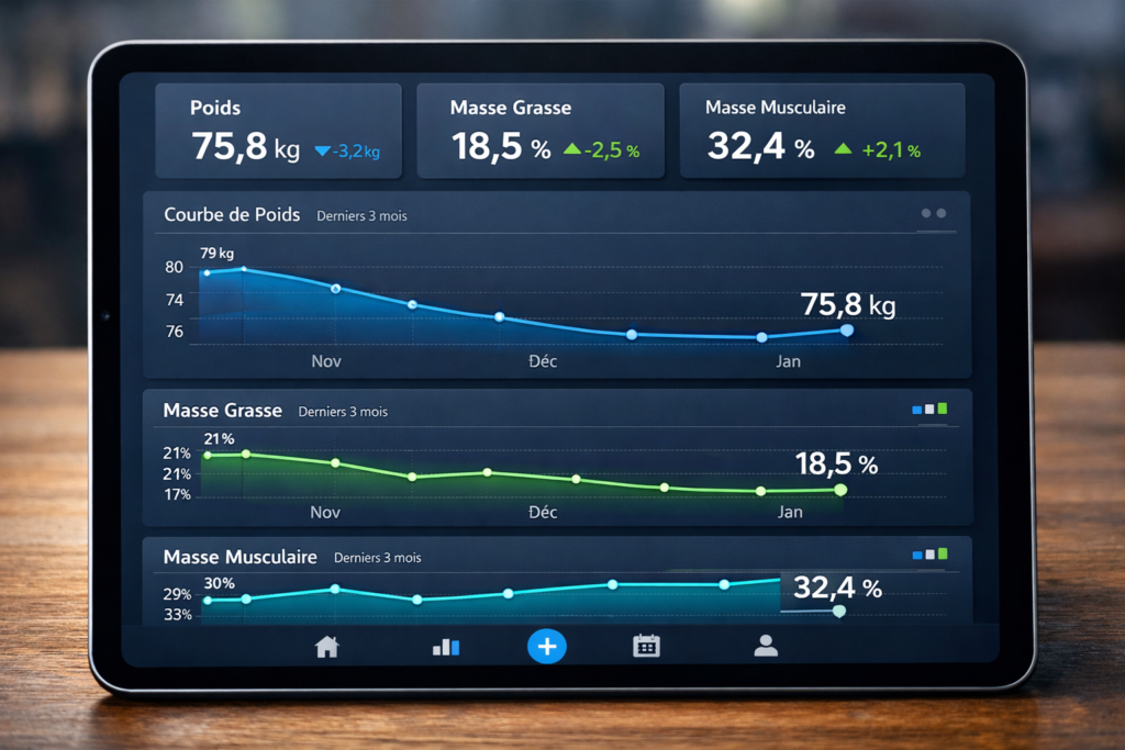 Graphiques évolution composition corporelle sur tablette
