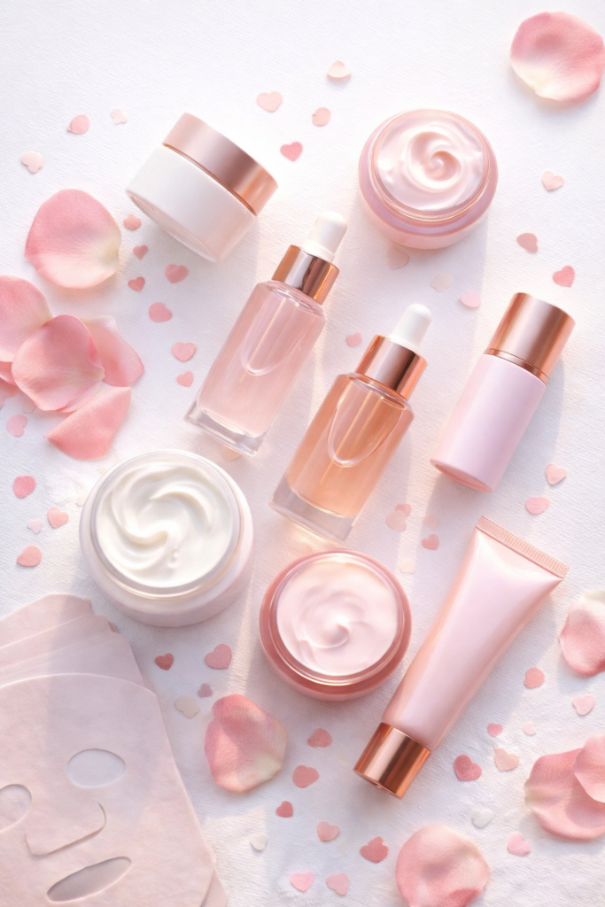 Produits soins visage, sérums et masques roses pour coffrets beauté Saint Valentin.