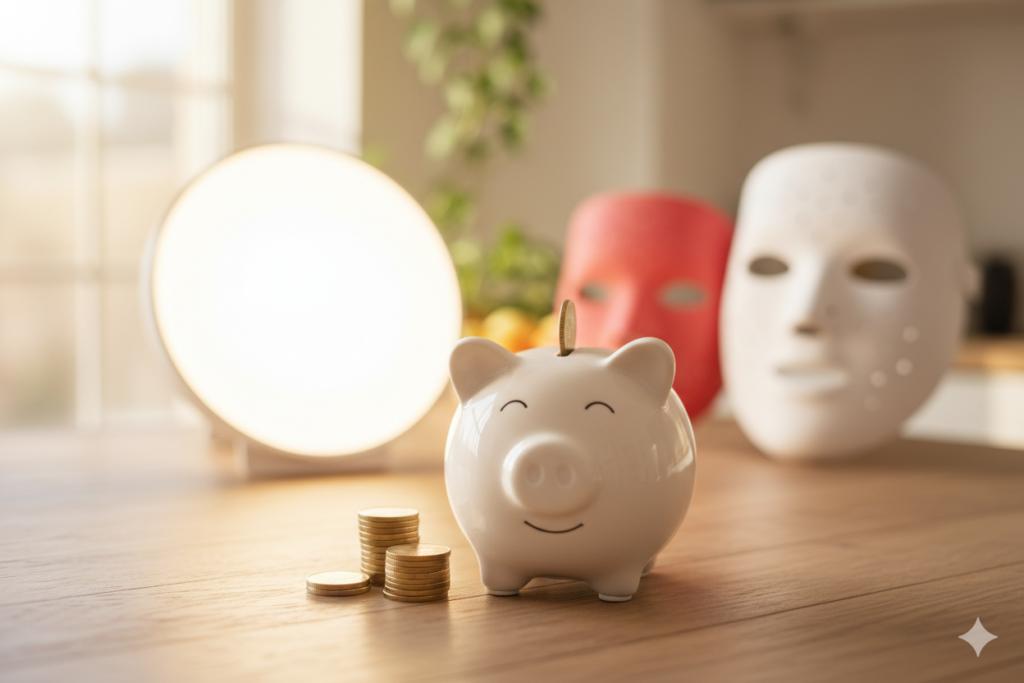 Tirelire et symboles d'économies avec lampe et masque flous en fond