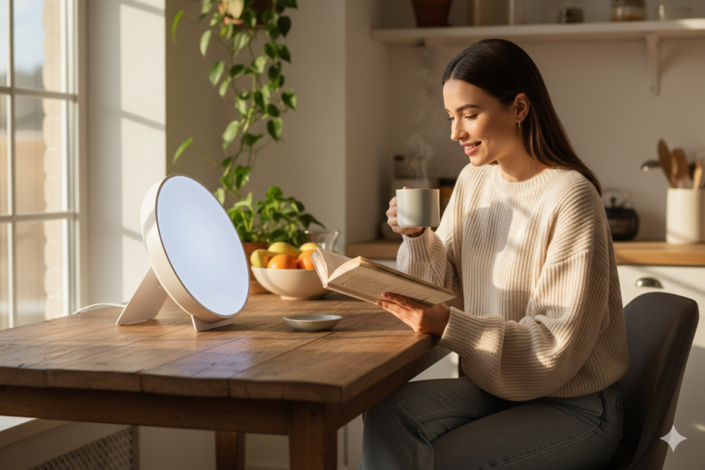 Femme utilisant une lampe de luminothérapie le matin au petit déjeuner