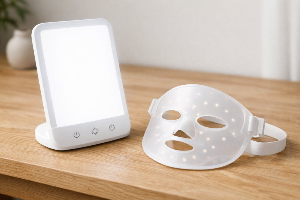 Lampe luminothérapie ou masque LED posés sur une table en bois