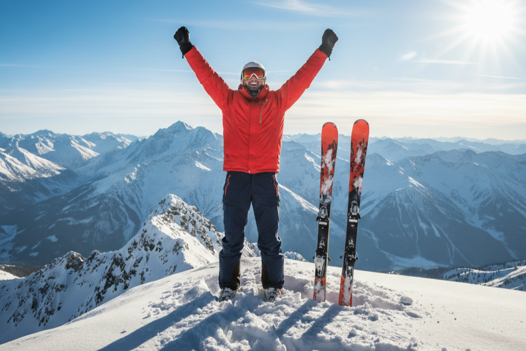 Skieur débutant heureux au sommet avec ses nouveaux skis pour débutants 2026