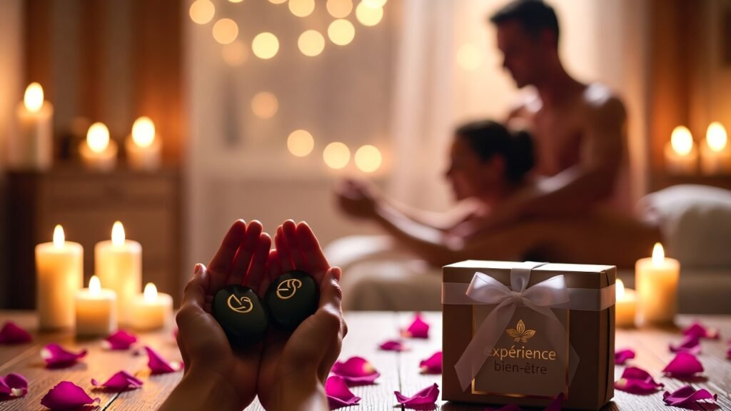 Expérience spa romantique couple avec pierres massage et boîte bien-être