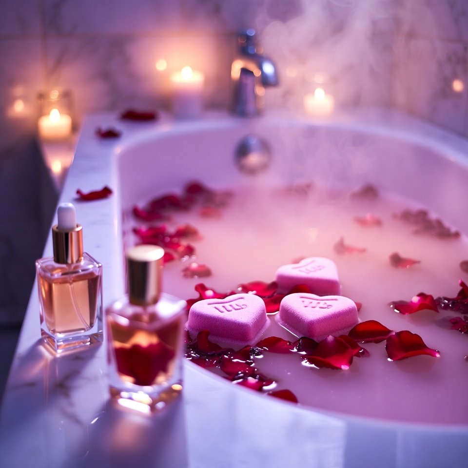 Bain romantique avec pétales de rose et bombes cœur pour coffrets beauté Saint Valentin.