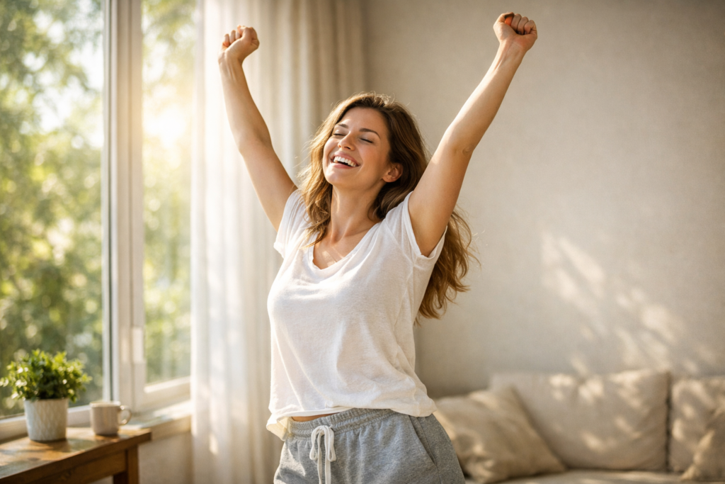 Une personne souriante s'étirant devant une fenêtre ensoleillée, symbolisant l'énergie retrouvée.