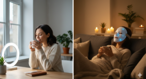 Femme hésitant entre une lampe luminothérapie ou masque LED dans un salon moderne