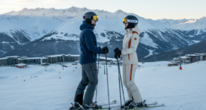 Tenue de ski homme et femme moderne en station de montagne enneigée, hiver 2026