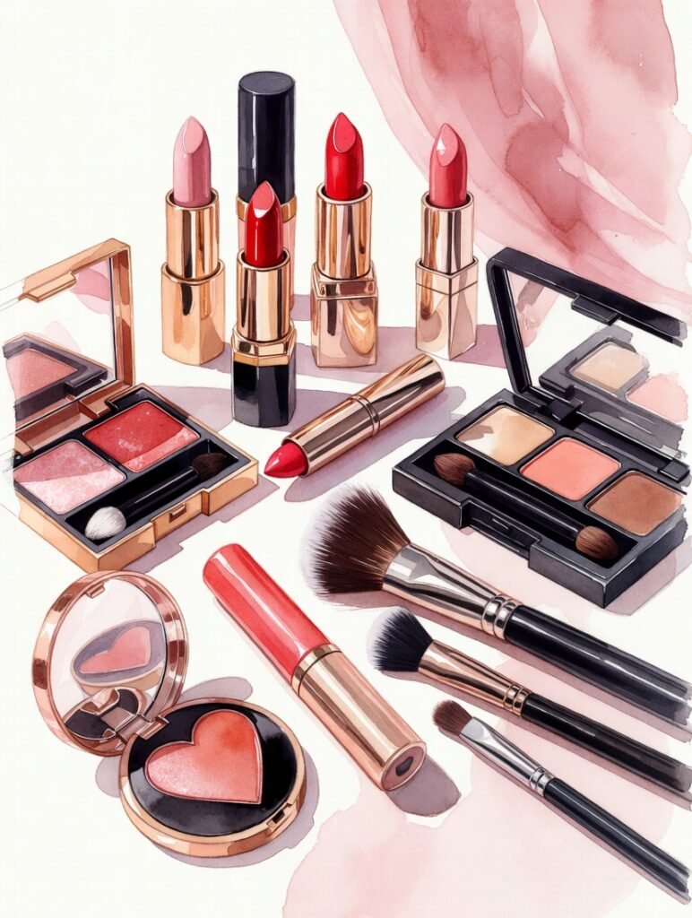 Collection maquillage romantique avec rouges à lèvres et pinceaux pour coffrets beauté Saint Valentin.3,6s