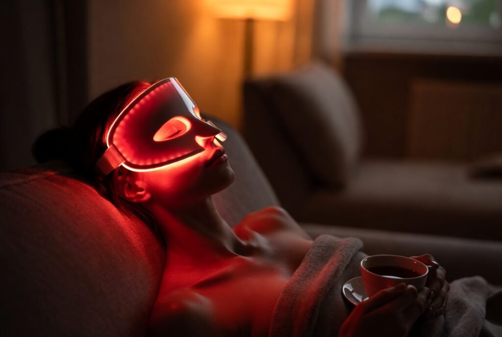 Femme portant un masque LED rouge sur le visage dans un salon