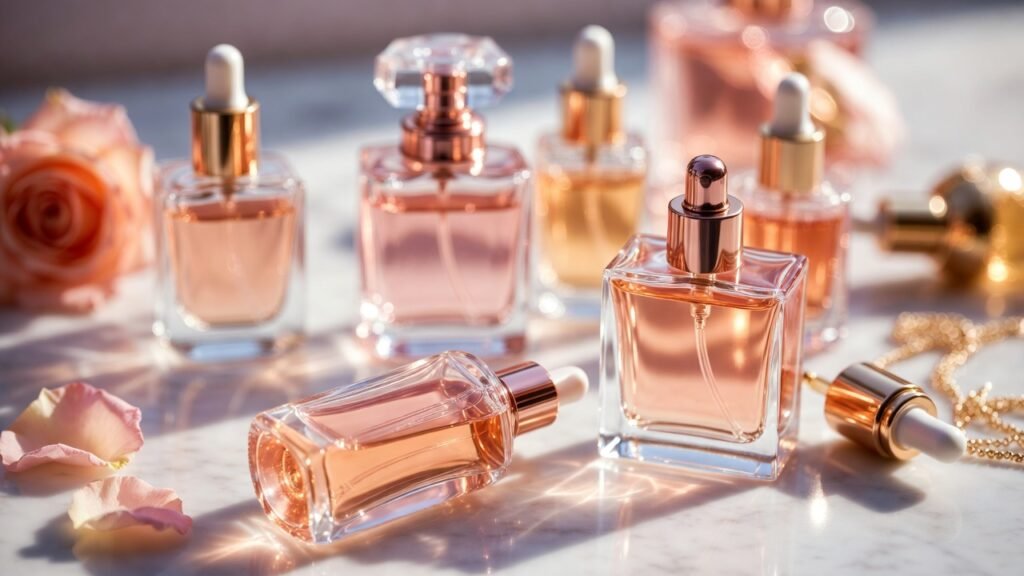 Flacons parfums et sérums luxueux avec pétales roses pour coffrets beauté Saint Valentin.