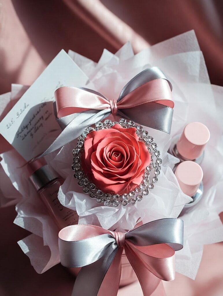 Panier cadeau personnalisé avec rose éternelle et bijoux