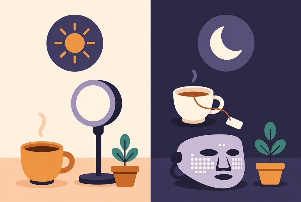 Comparaison visuelle matin vs soir pour lampe luminothérapie ou masque LED