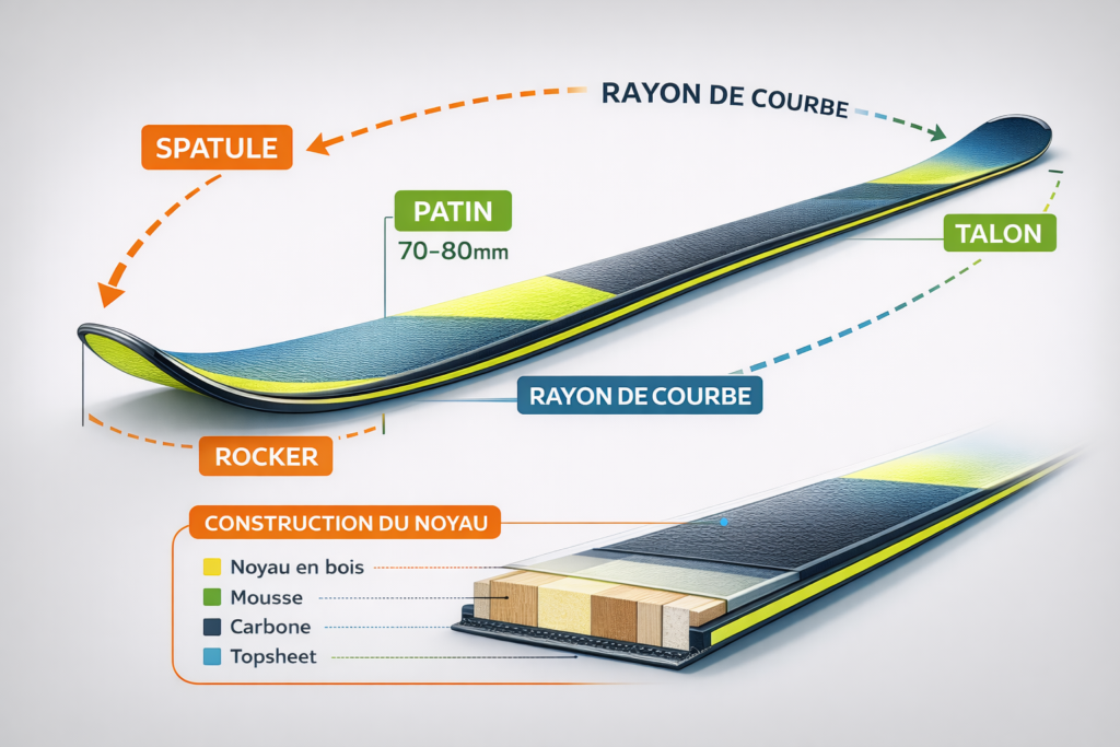 Schéma annotant les parties d'un ski pour débutant