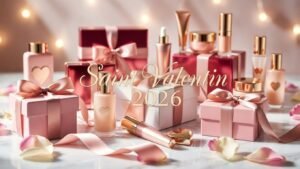 Coffrets beauté Saint Valentin 2026 avec boîtes cadeaux roses et produits cosmétiques luxueux.6s